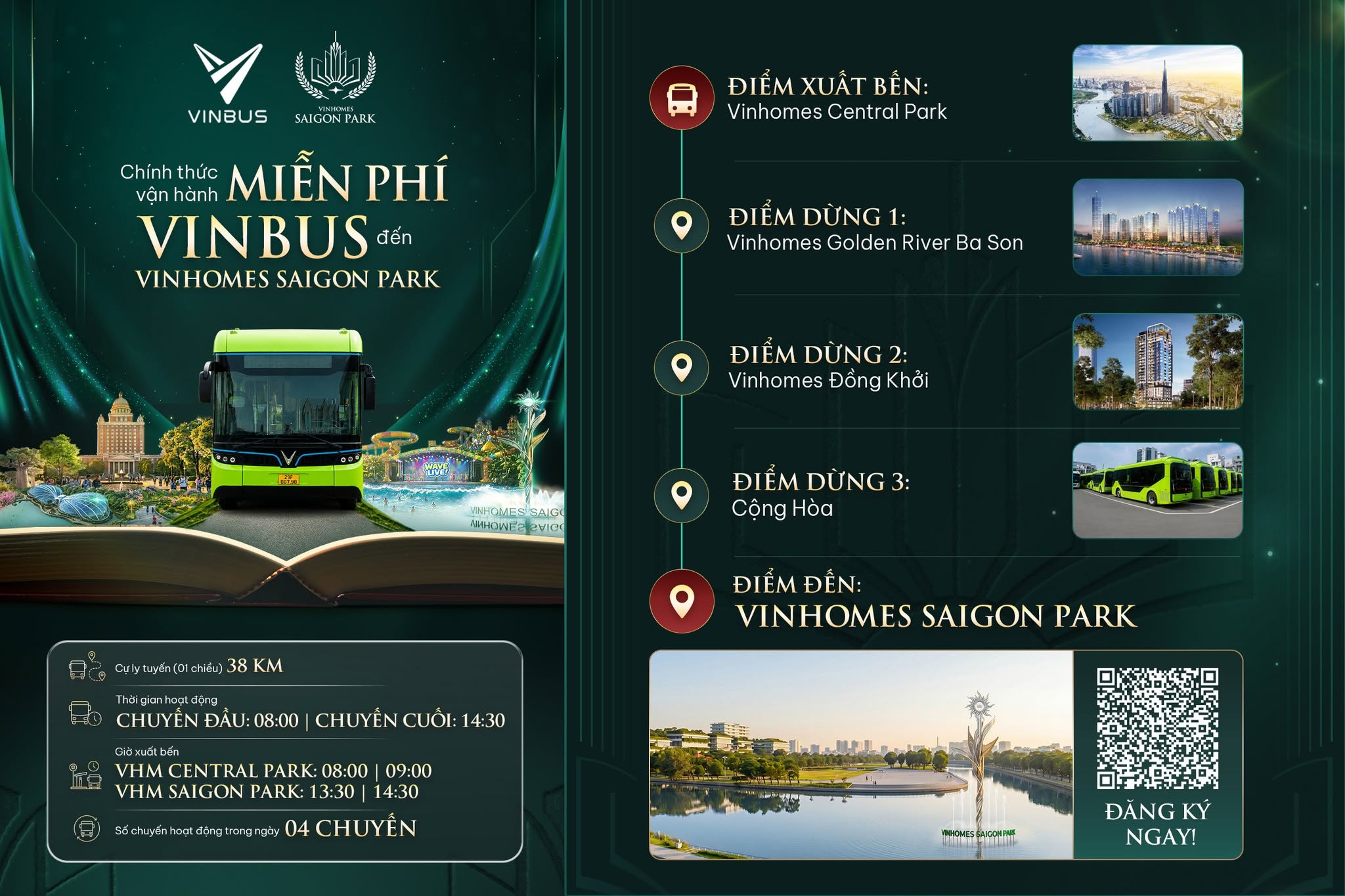 Xe buýt điện VinBus miễn phí từ Vinhomes Central Park đến Saigon Park Hóc Môn